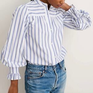 Alex Mill Blouse Lee Ruffle Cuff Stripe Cotton Blue White Button Front Down Top